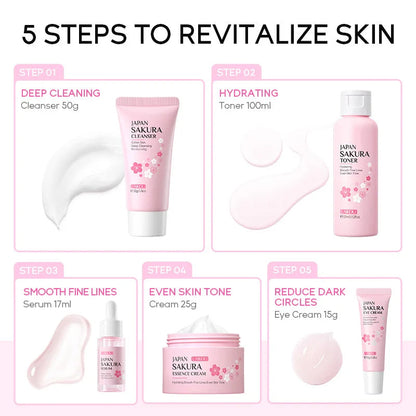 LAIKOU fleurs de cerisier 6 pièces ensemble de soins de la peau du visage sérum Sakura réparateur crème solaire nettoyant Lotion hydratante crème tonique pour le visage